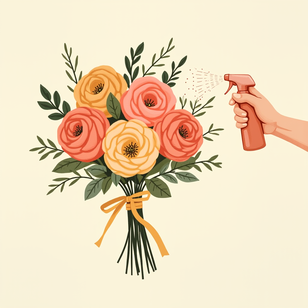 Misting the finished bouquet with Finish Spray
