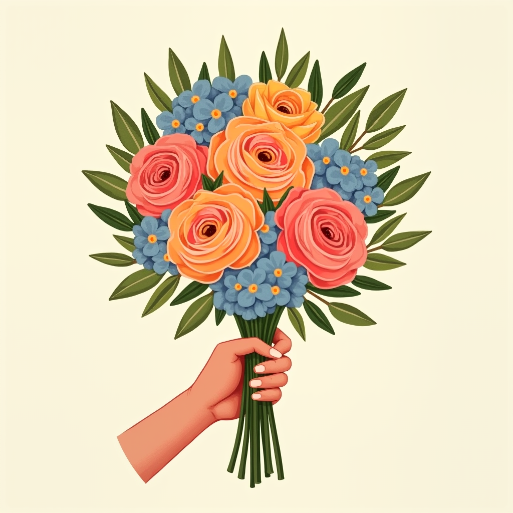 Hand holding medium bouquet with flowers and leafy stems around the outer edge of the bouquet