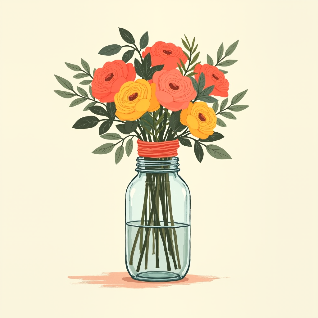 Finished bouquet standing in a water-filled container, with the ribbon and embellishments sitting above the water line