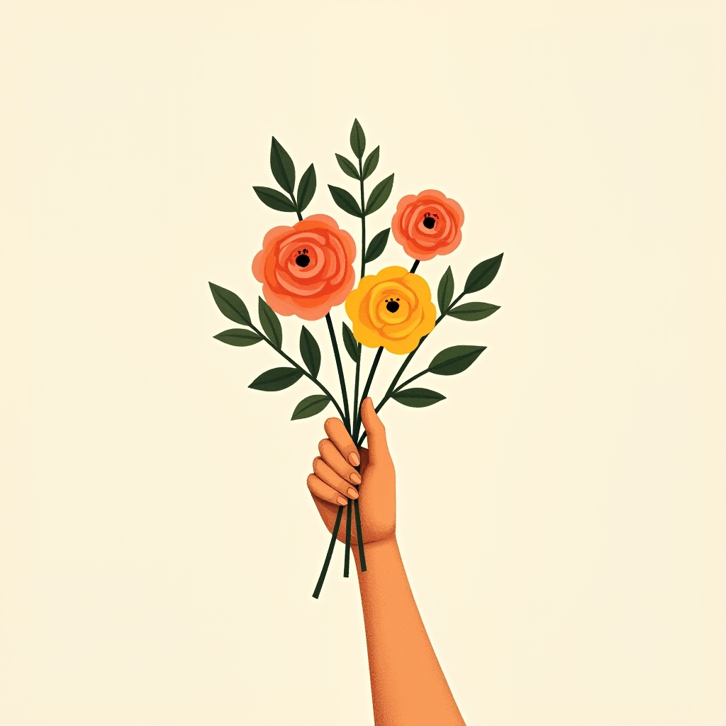 A hand holding three leafy stems and three focal flowers fanned symmetrically apart