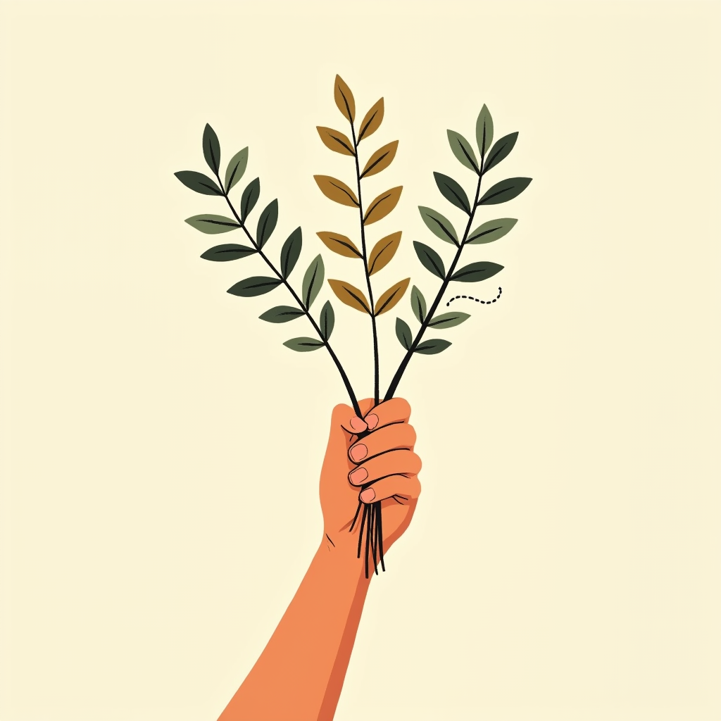 Hand holding three different green leafy stems, highlighting the grip point and stems extending below it