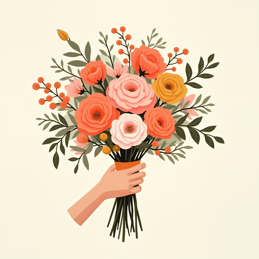 A large front-facing bouquet resting flat on a cream surface, viewed from above at a slight angle