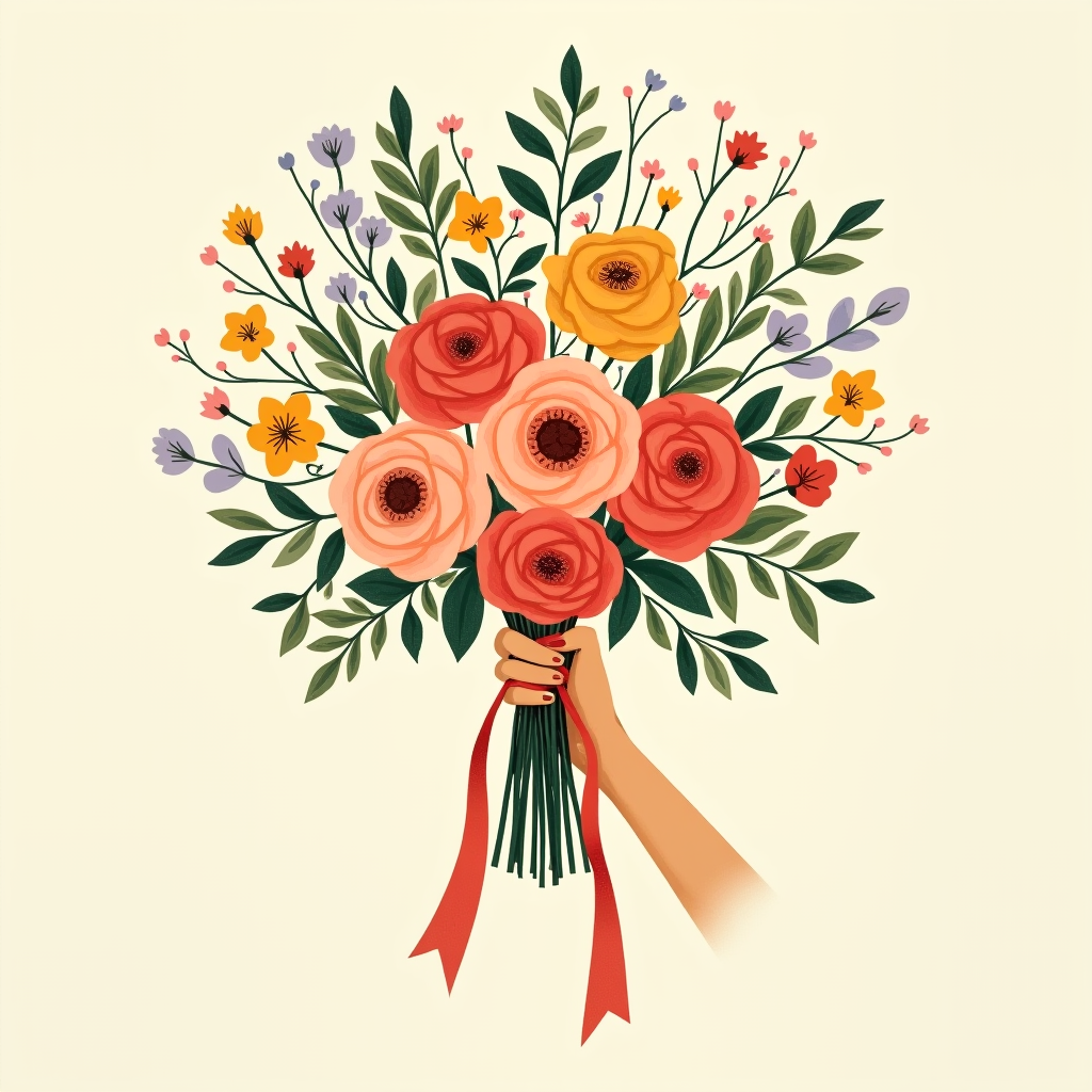 A large front-facing bouquet held at the grip point, showing front blooms and side profile depth