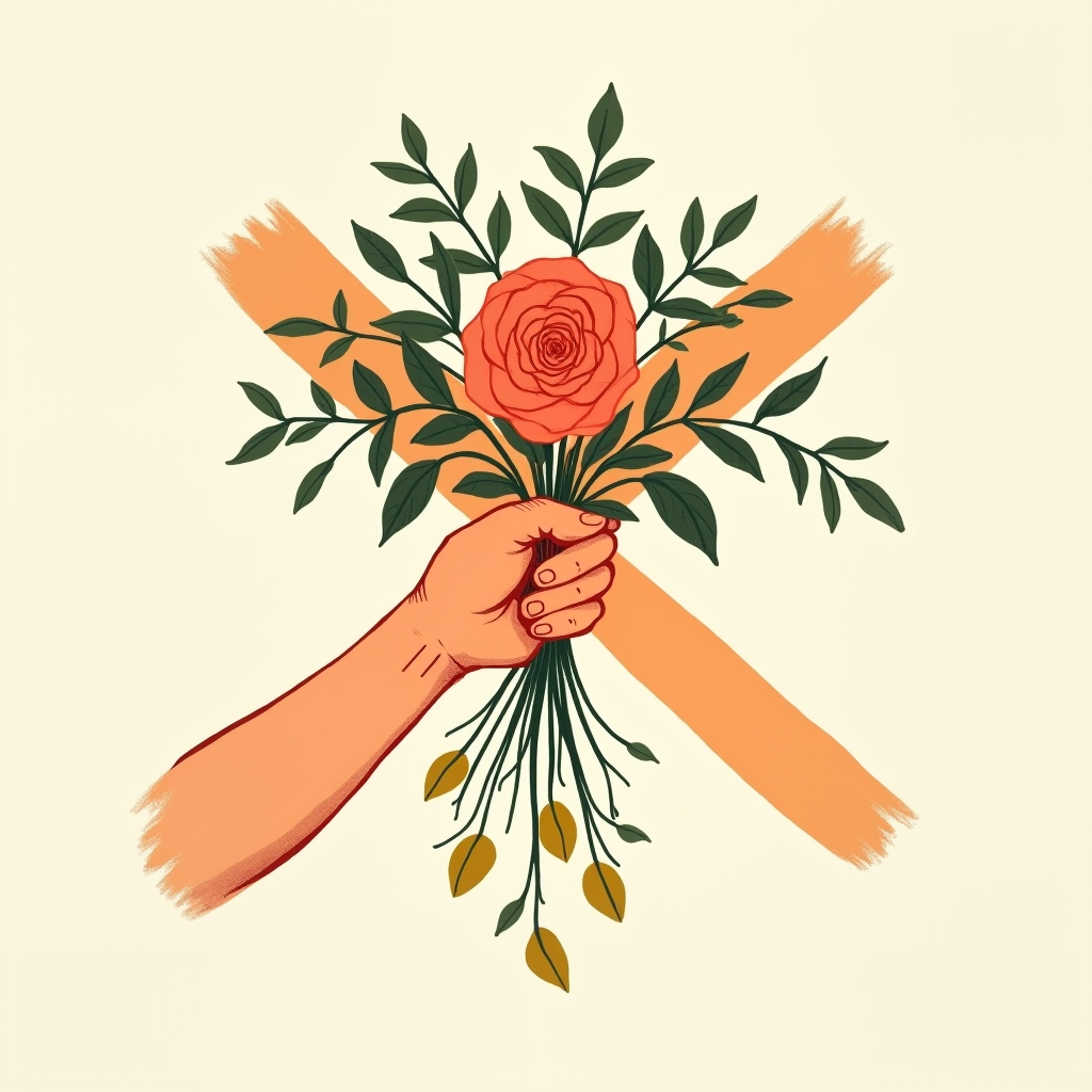Hand holding greenery and flowers with leaves below the grip point, marked with an X to show this should not be done