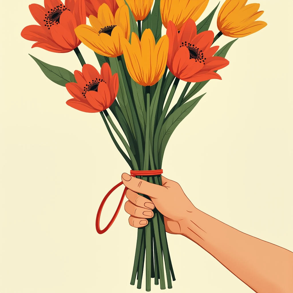 Hand holding bottom of stems in a bouquet, with rubber band looped around one stem and wrapped around the full bouquet, then looped around another stem to secure