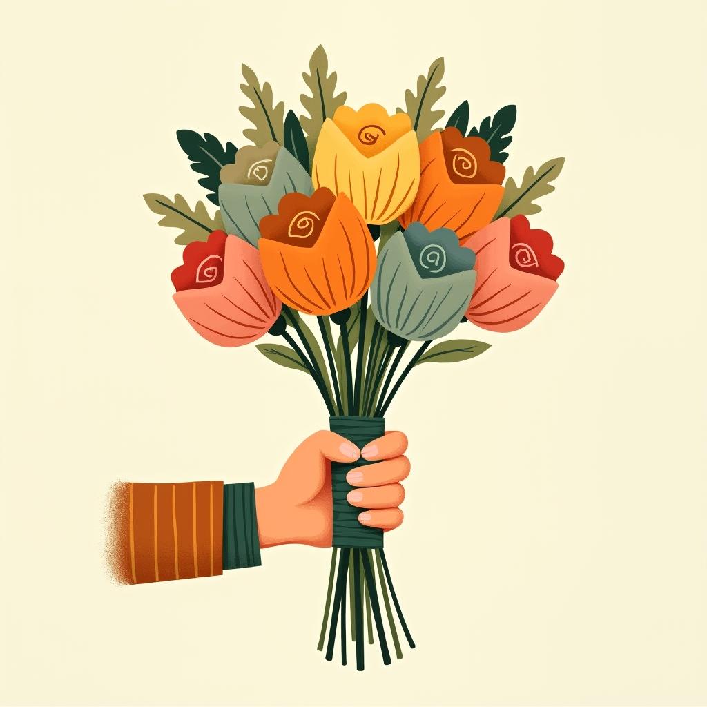Hand holding bouquet with green tape being added around the stems for about 3 inches of coverage