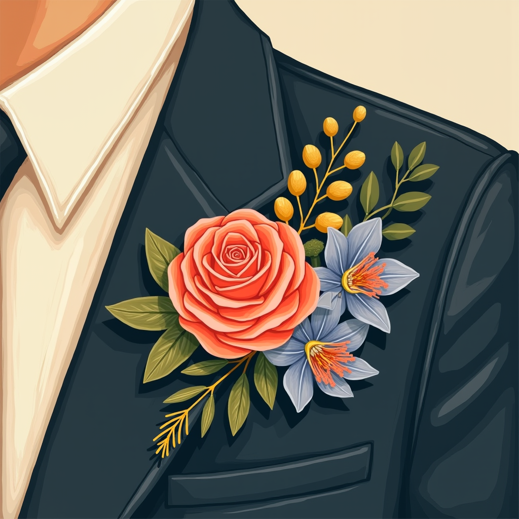 A finished boutonniere pinned to a lapel, showing shape, focal flower, filler, and greenery