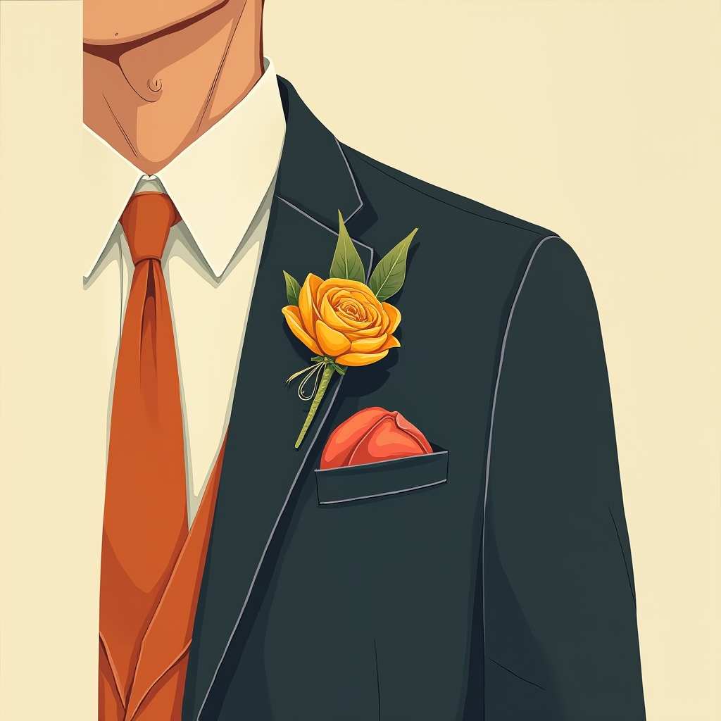 A boutonniere clip attached to a jacket lapel on the left side, with a safety pin secured through the underside for extra hold