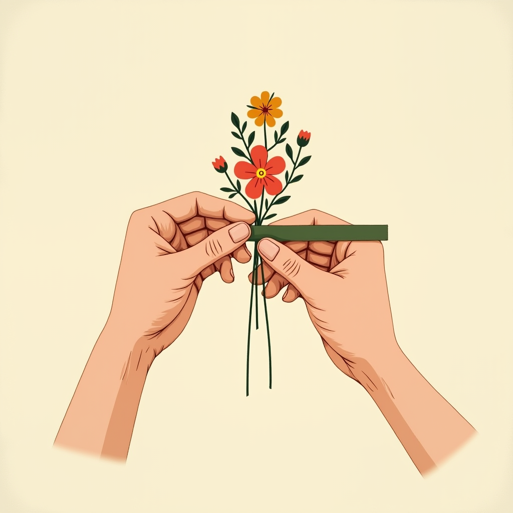 The taped stem bundle being attached along the long part of the boutonniere clip with floral tape