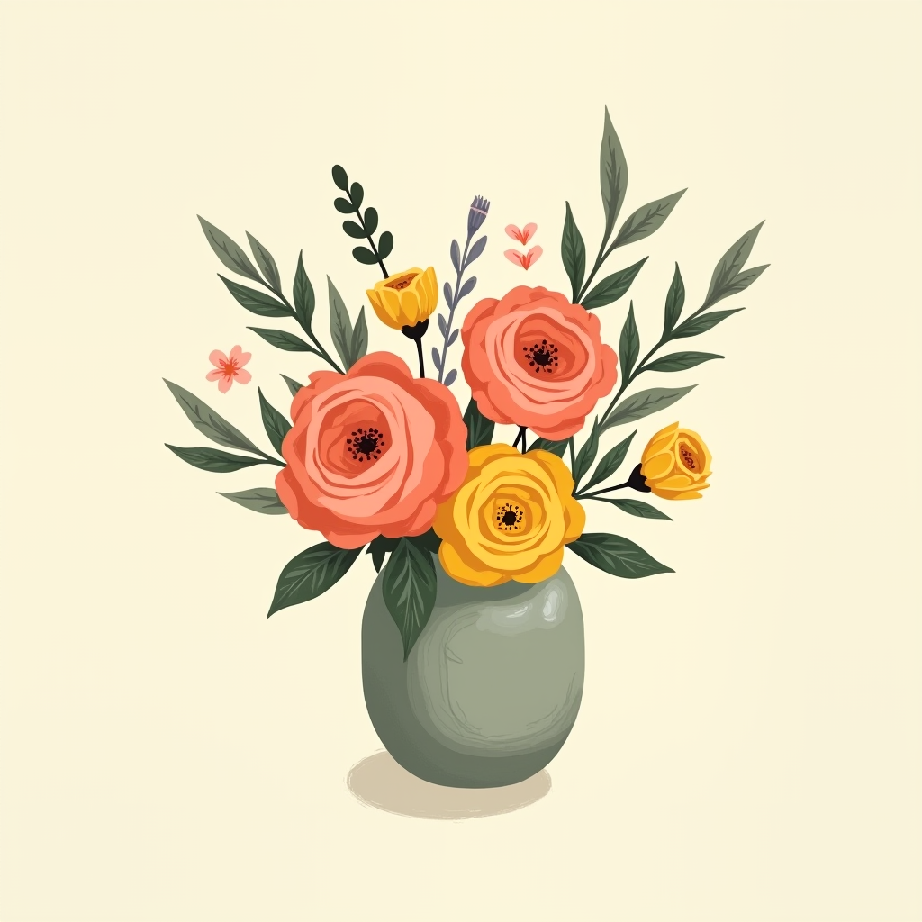 A completed bud vase arrangement in a rounded vase, showing focal blooms and filler