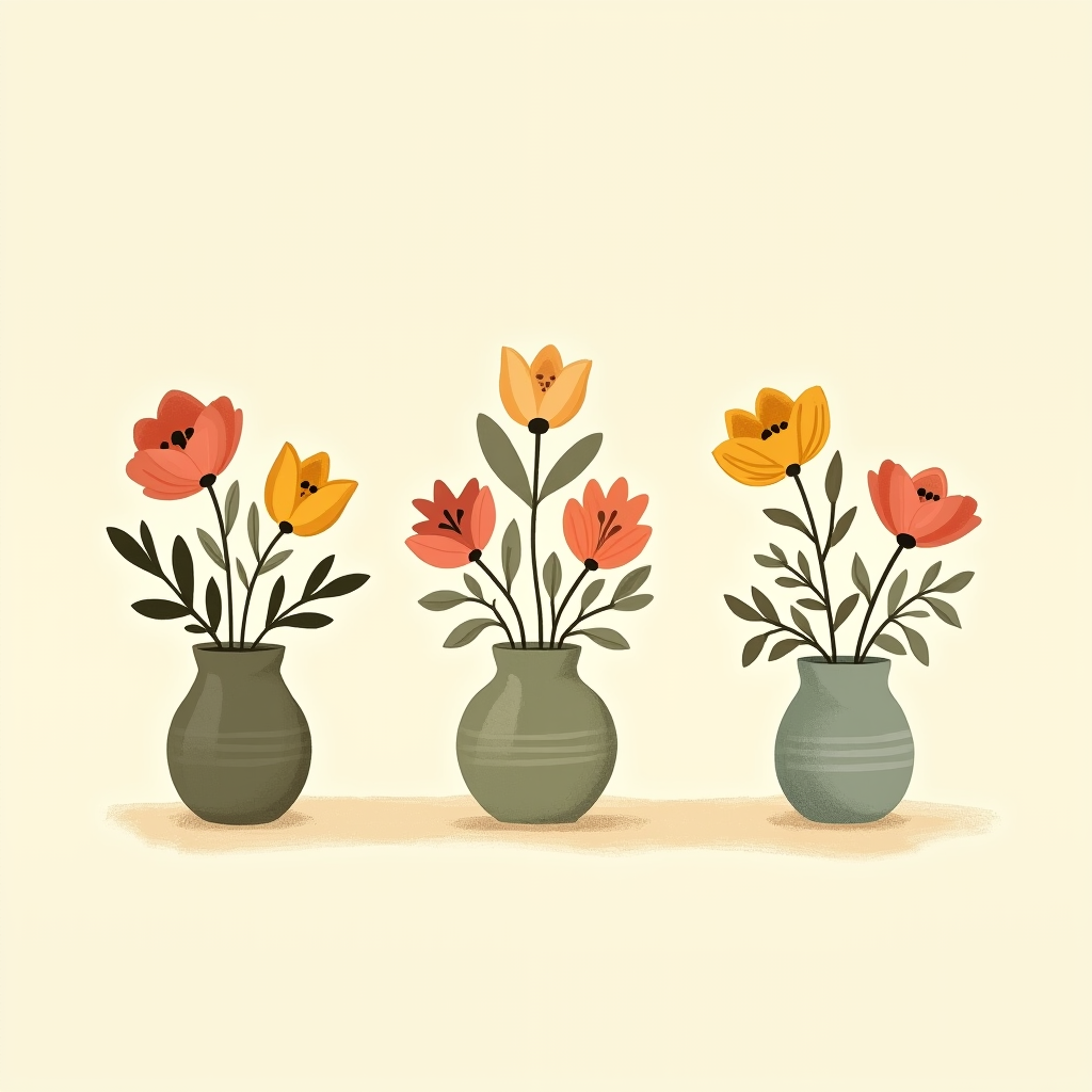 A row of three bud vase arrangements grouped together, showing focal blooms and filler