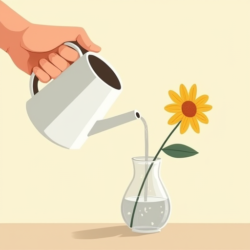 A small watering can pouring water into a clear glass bud vase