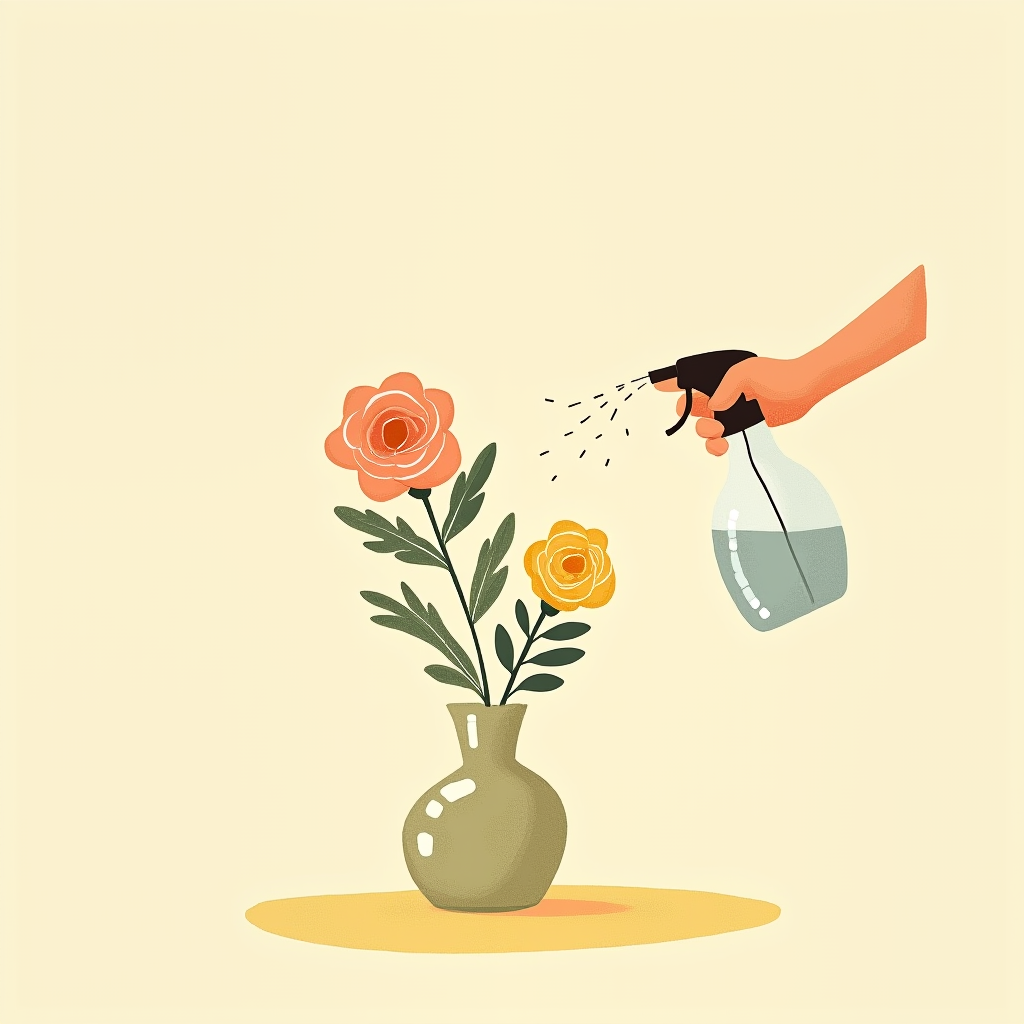 A spray bottle lightly misting a finished bud vase arrangement