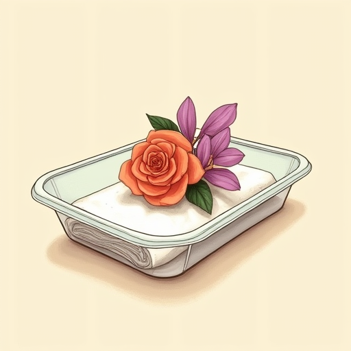 A clear sealed container lined with a damp paper towel with a corsage resting inside