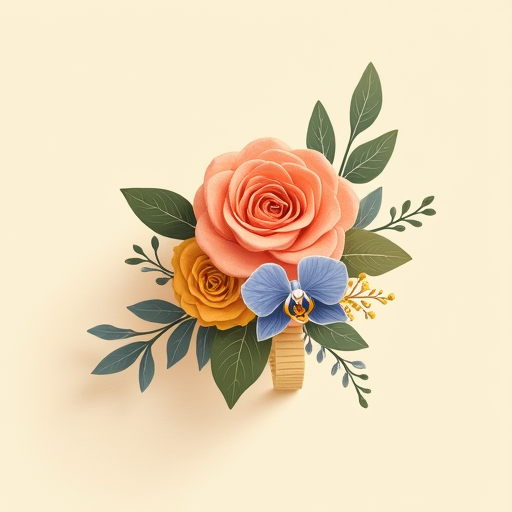 A finished corsage on a wristlet, showing shape, focal flower, filler, and greenery built up in layers