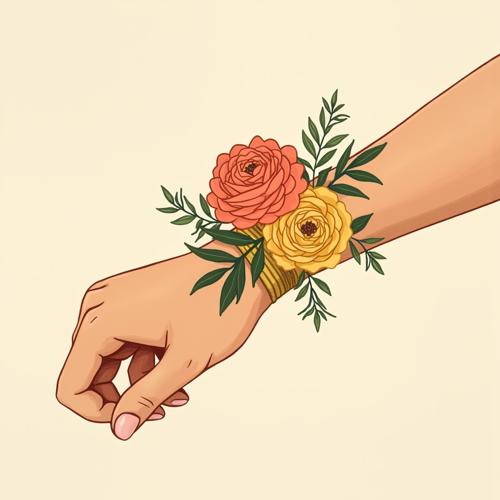 A classic corsage on a wristlet, with two focal flowers and a moderate gathering of filler and leafy accents