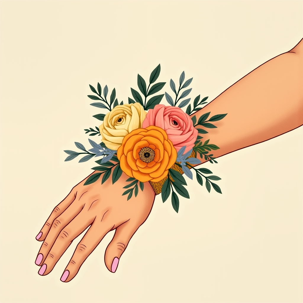 A full corsage on a wristlet, with a lush cluster of focal flowers and abundant filler and leafy accents