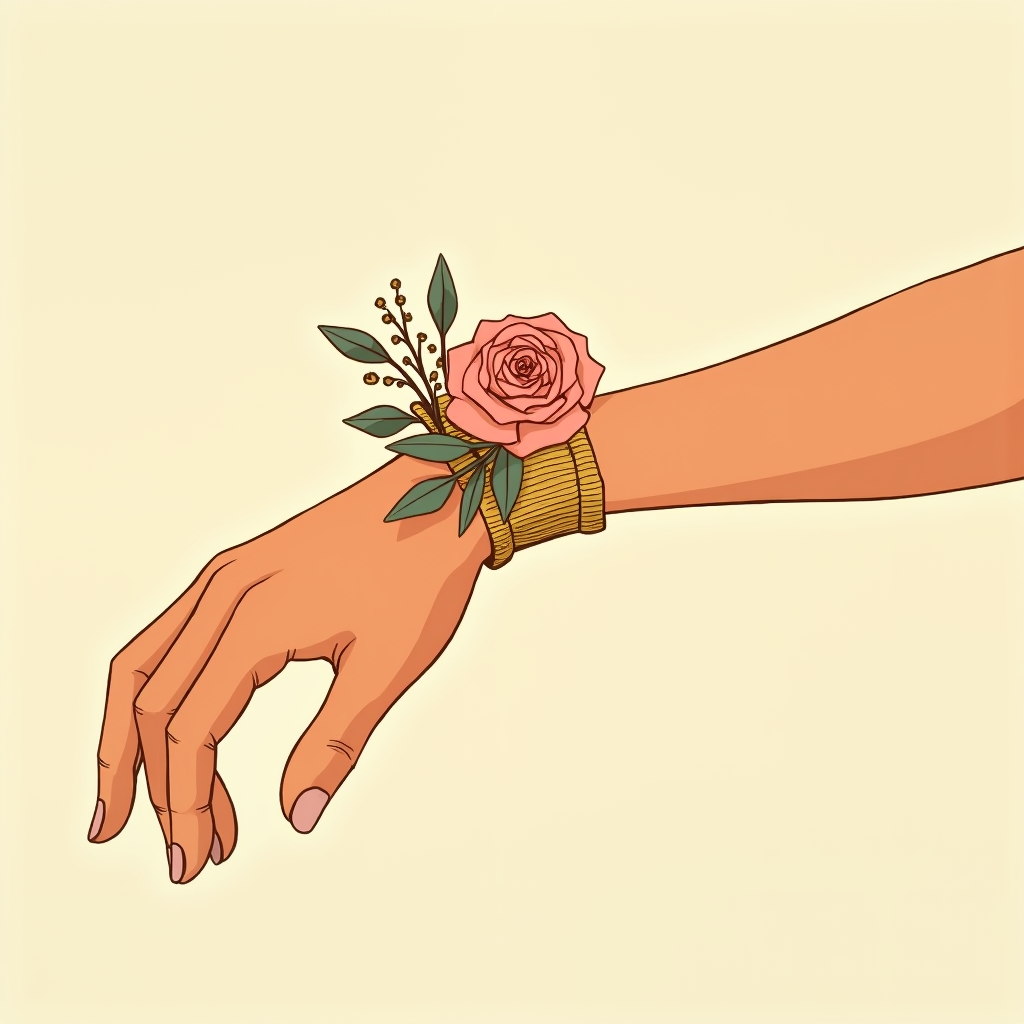 A minimal corsage on a wristlet, with one small focal flower and a modest handful of leafy accents