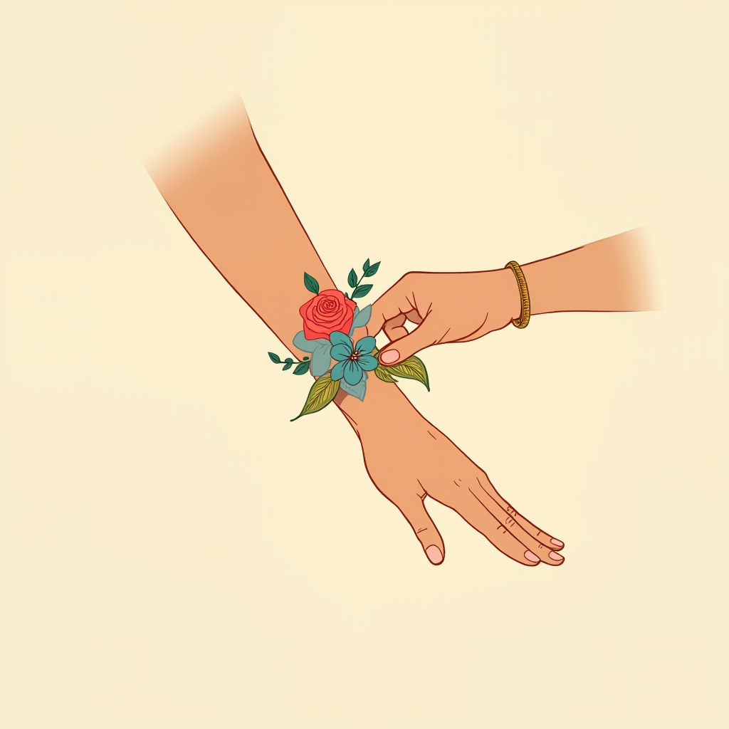 A corsage wristlet being slipped onto a wrist like a bracelet, flowers facing outward