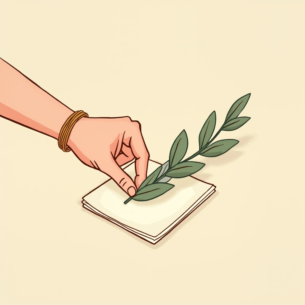 A few leafy stems being pressed onto the small square corsage wristlet card with a double-sided glue strip as a green base layer