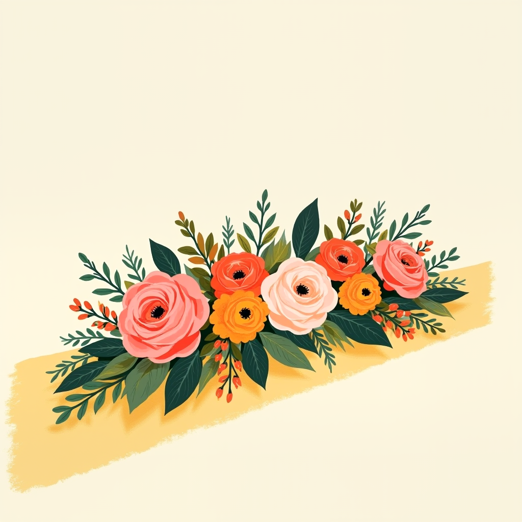 A long, low floral installation of roses and ranunculus arranged like a table or aisle runner