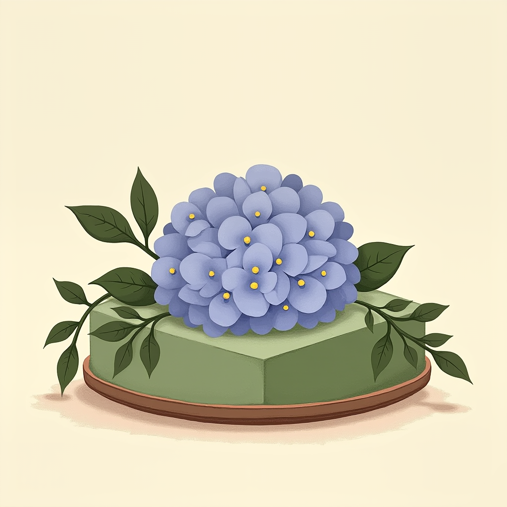 Foam covered in leafy greens with a hydrangea bloom draped over the seam where the foam meets the plate