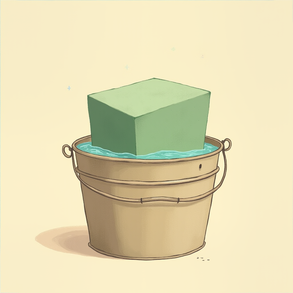 A block of floral foam floating and slowly sinking pinhole-side down in a bucket of water