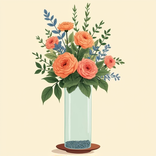 A tall elevated floral foam arrangement sitting on a plate above a clear vase, showing dramatic height and open sight lines