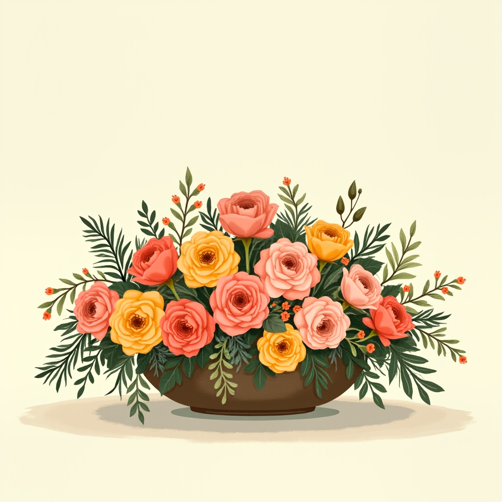 A low, lush floral centrepiece with roses and ranunculus in a rounded bowl shape