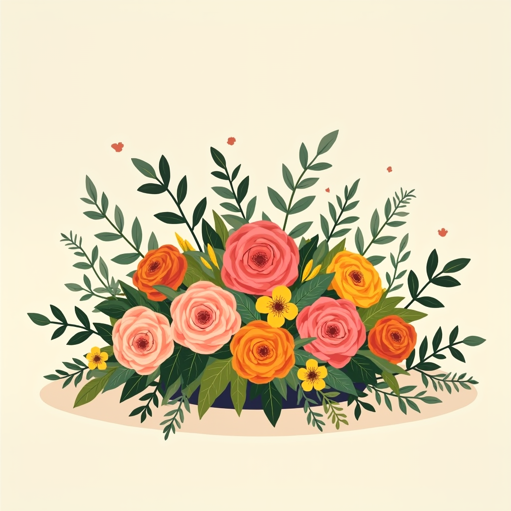 A low, lush floral centrepiece with roses and ranunculus, greenery hiding the base completely