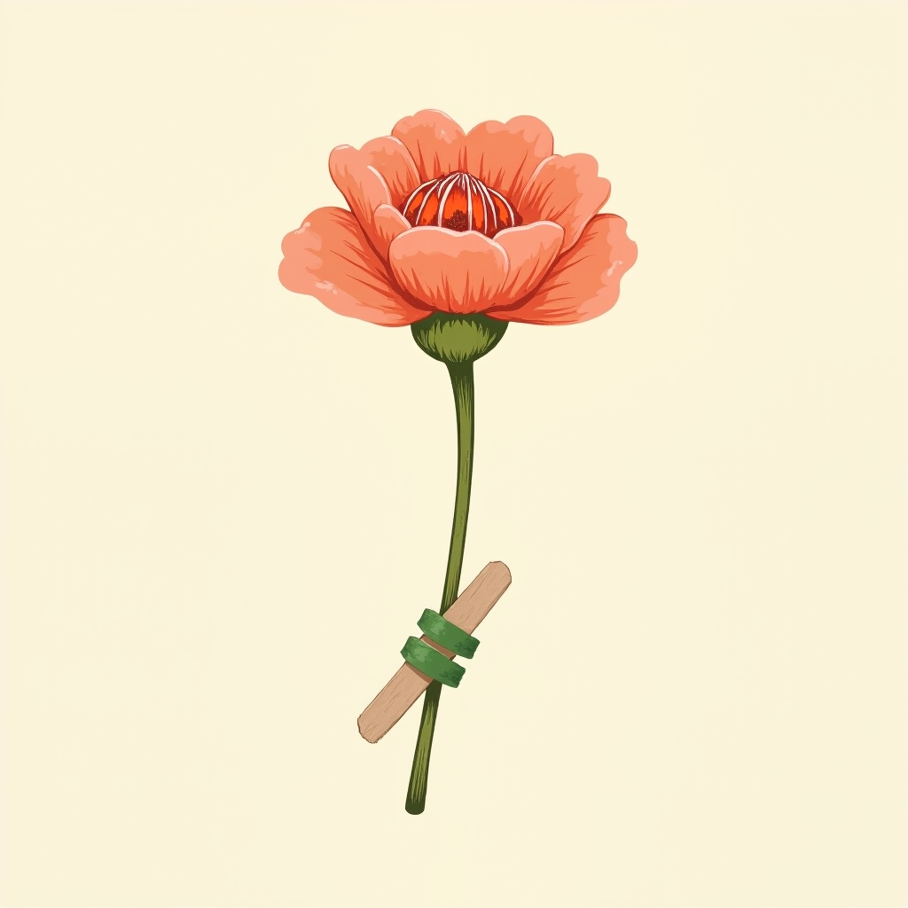 A delicate flower stem taped alongside a popsicle stick before inserting into foam for support