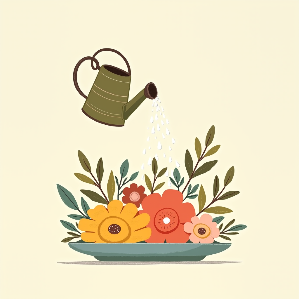 A watering can pouring water gently over a finished foam arrangement