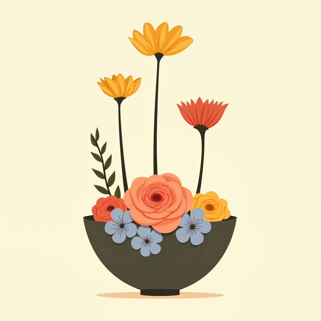A tiered sculptural flower frog arrangement with roses low in the bowl and tall accent stems rising above