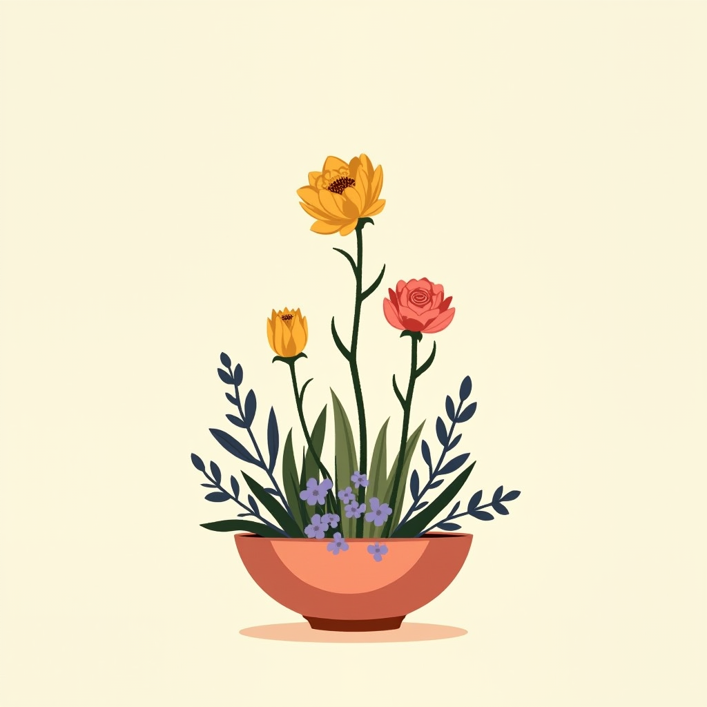 A taller sculptural flower frog arrangement with varying stem heights and generous negative space