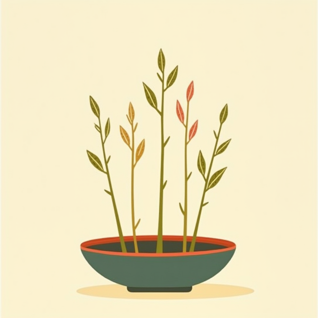 Five bare leafy stems at varied heights and angles on the kenzan, establishing the arrangement's overall shape