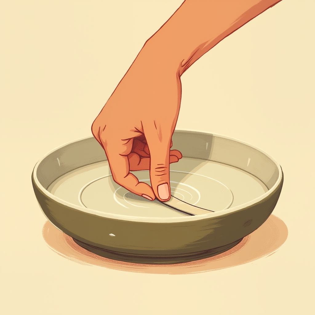 Double-sided glue strip being pressed into the middle of a wide shallow dish