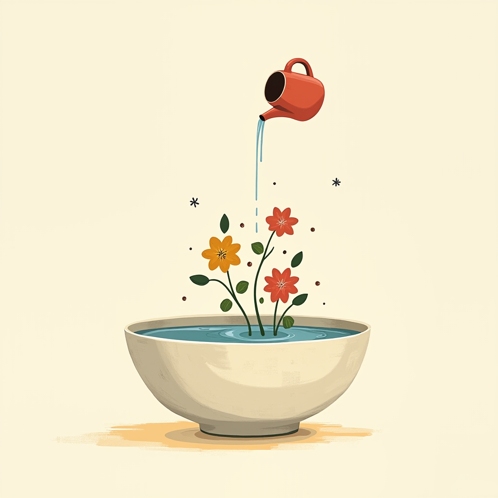 Pouring water into the finished flower frog dish to check and replenish the water level