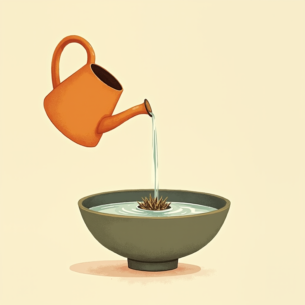 Water pouring into the wide shallow dish to cover the flower frog pins