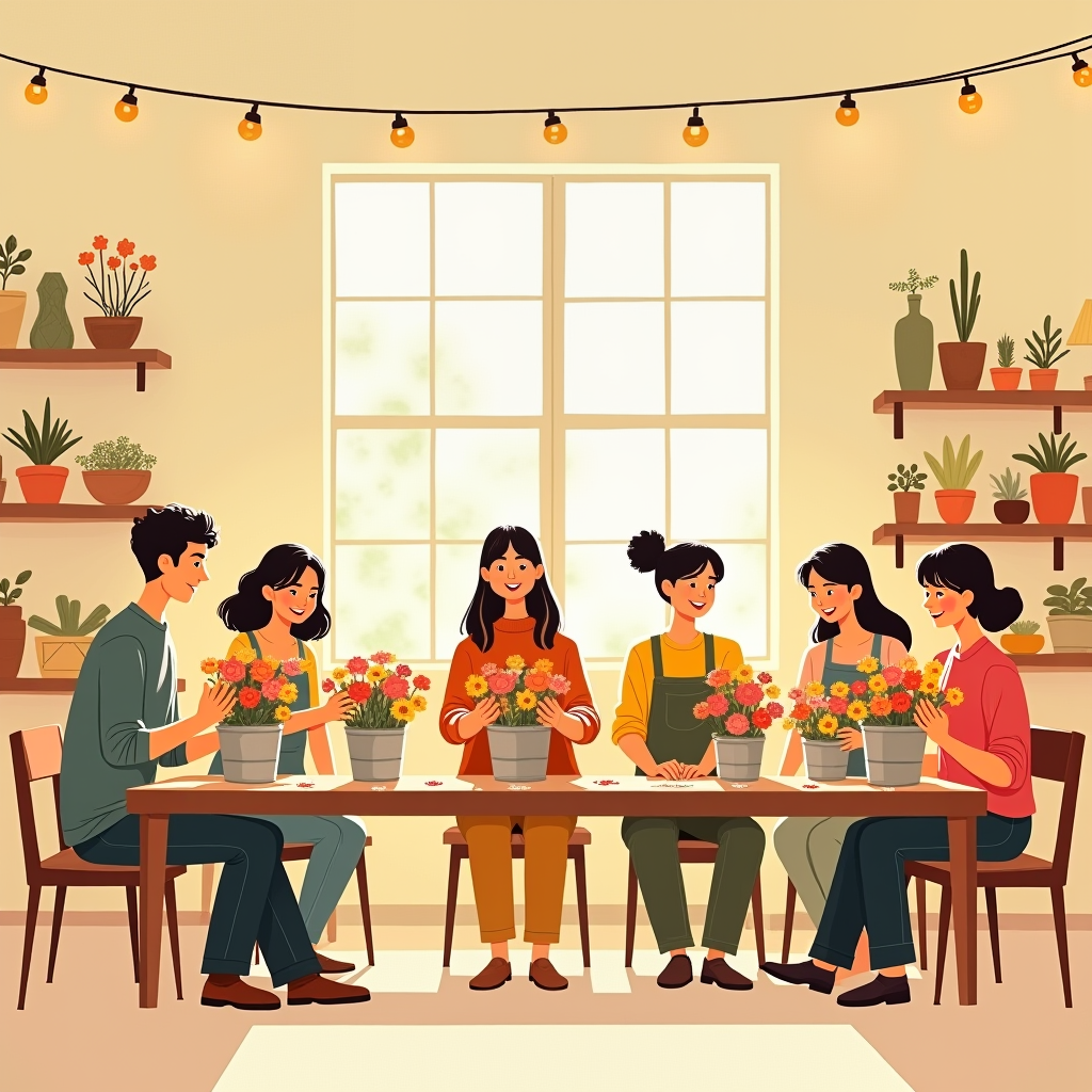 A small group gathered around a table together, arranging flowers into bouquets