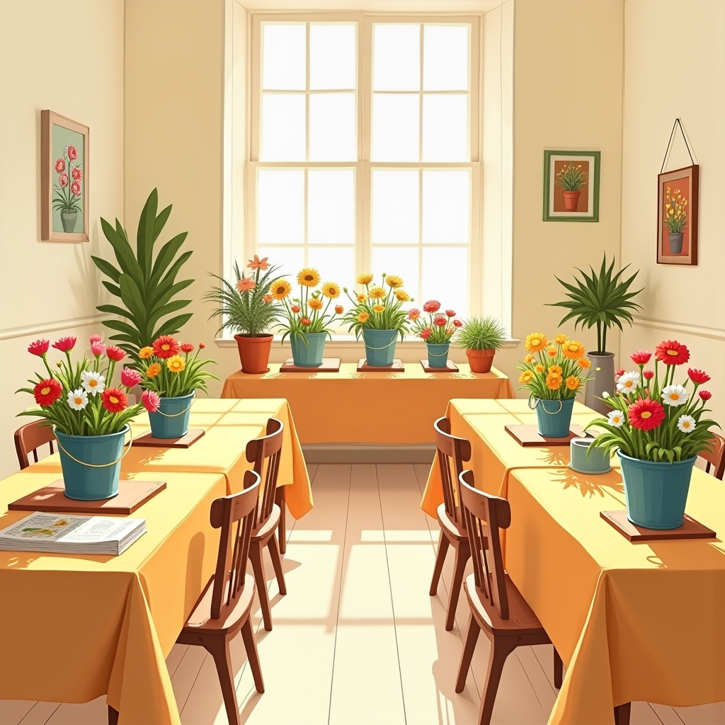 A sunlit room with tables set up with tools, flower buckets, and printed guides, ready for a gathering