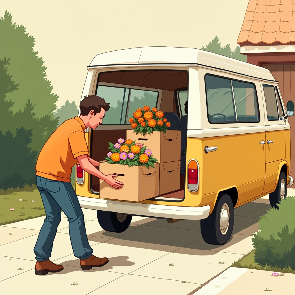 A person loading a box of flower arrangements into the back of a van in a driveway