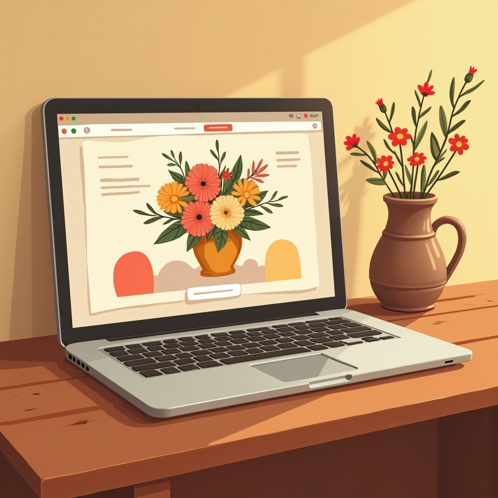 A laptop on a desk showing the Floral Gatherings website
