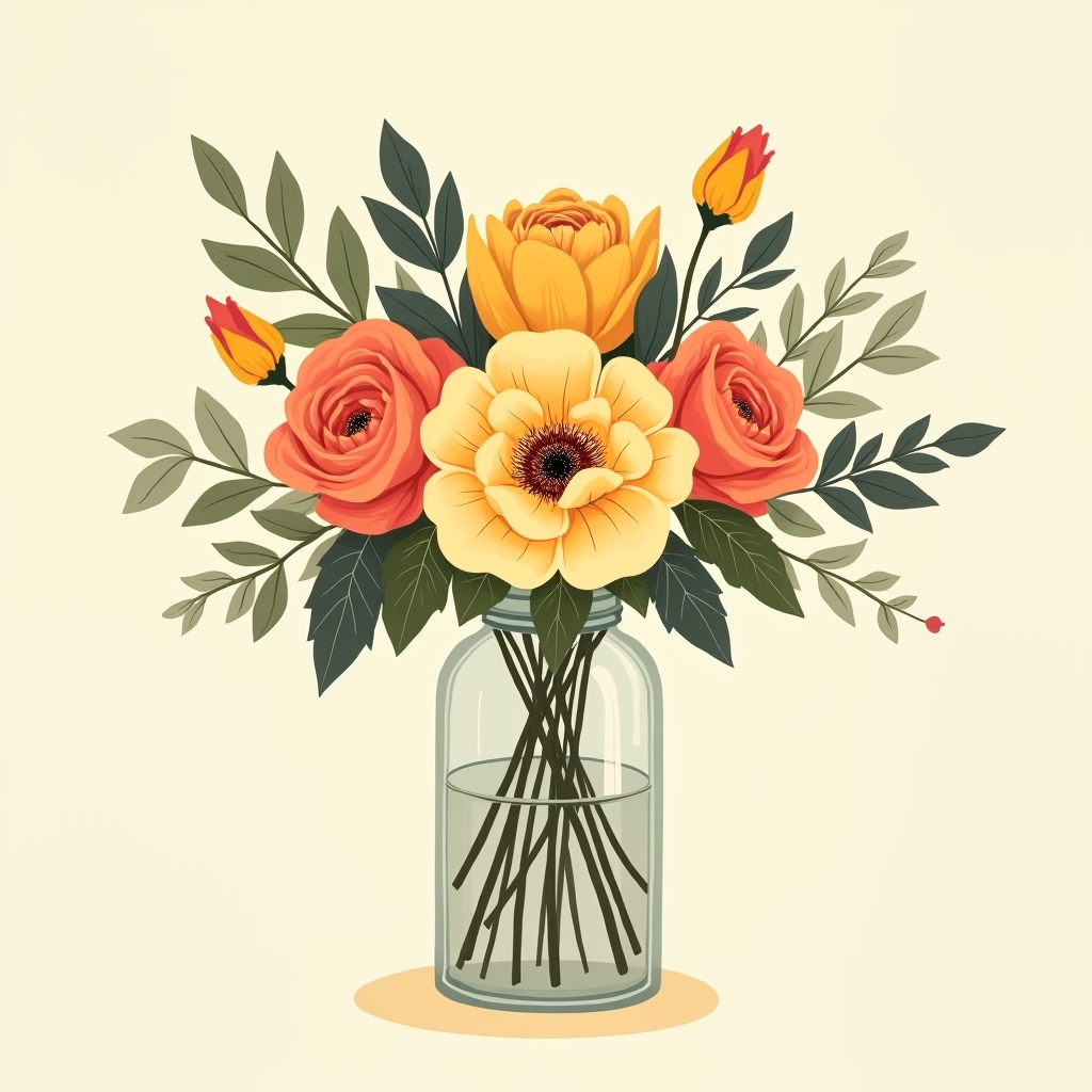A completed open-faced vase arrangement with pink, orange, and yellow ranunculus blooms, purple accent filler, and greenery in a rounded glass vase