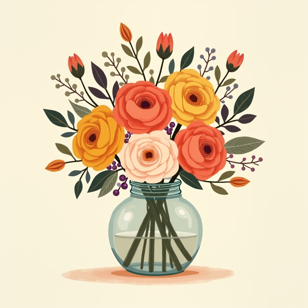 A completed open-faced vase arrangement with roses and ranunculus in a rounded glass vase, viewed from a different angle
