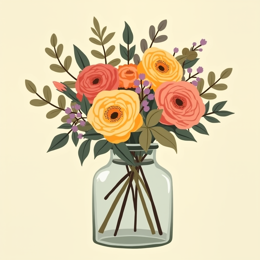 A completed open-faced vase arrangement with a round dome shape, focal blooms, filler, and a greenery collar