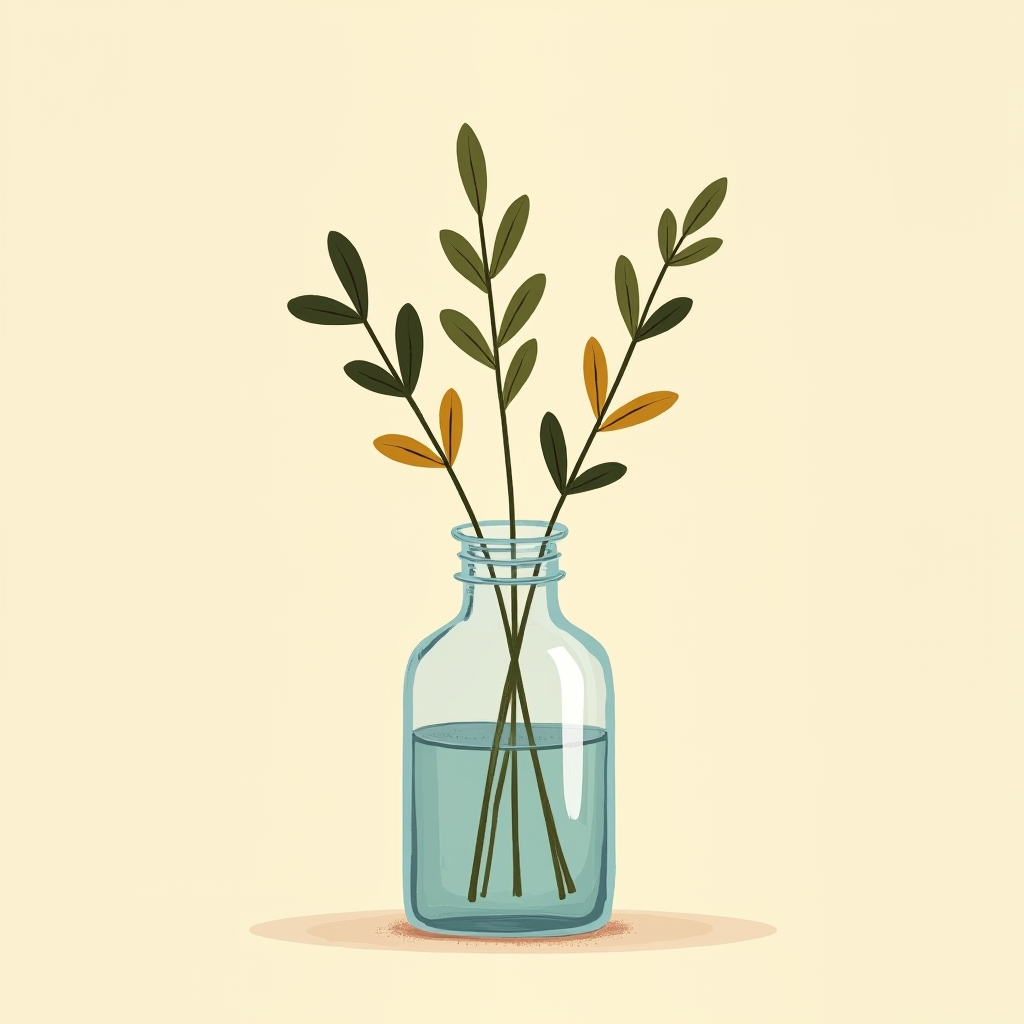 Three leafy stems of different heights in a clear glass vase, establishing the arrangement's shape