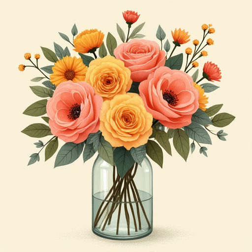 Completed open-faced vase arrangement with a greenery collar hiding the tape grid around the rim