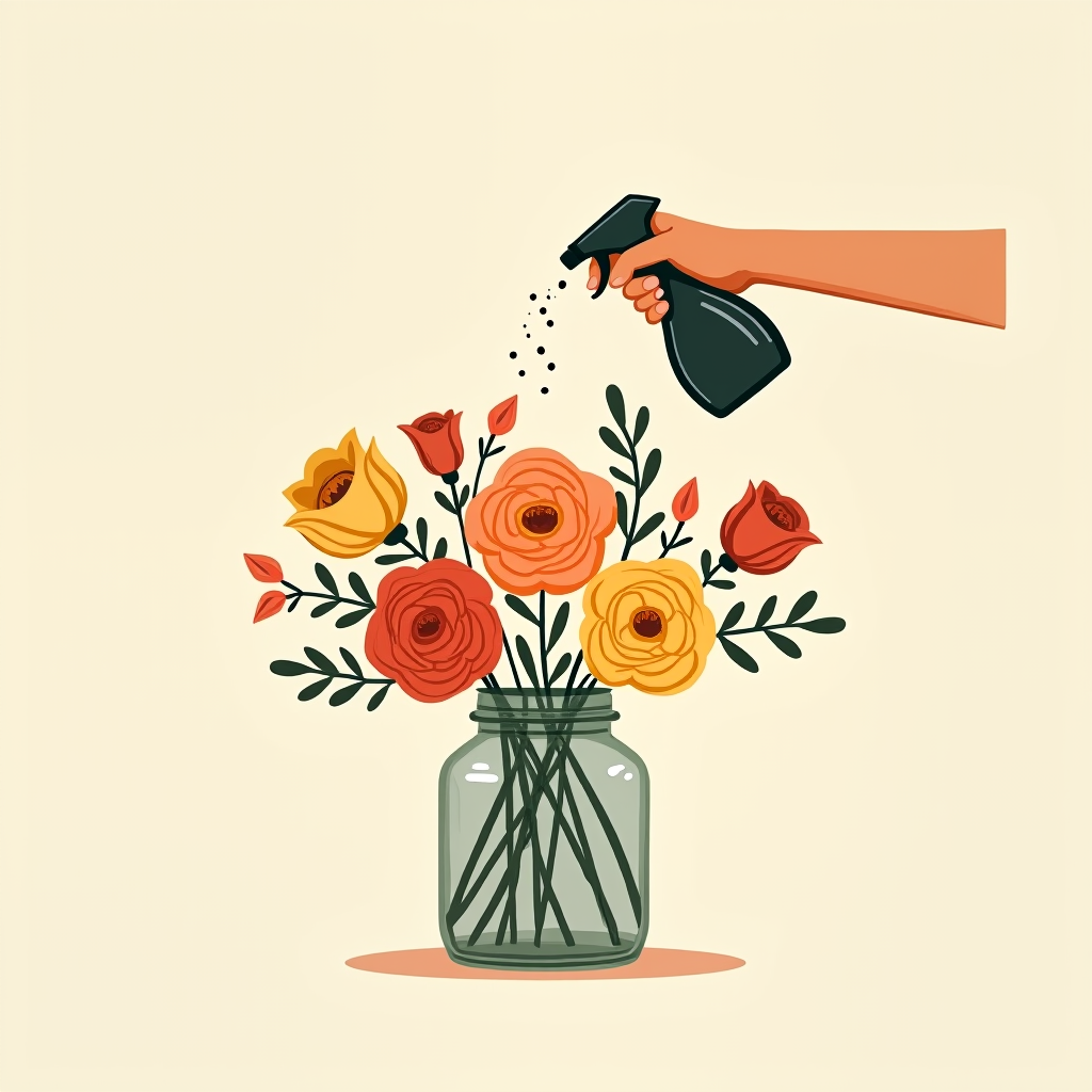 Misting the finished open-faced vase arrangement with Finish Spray