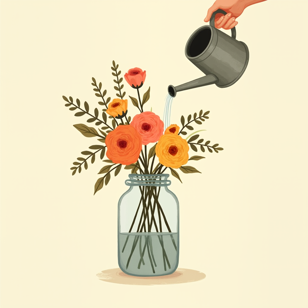 A watering can topping up the water level in the open-faced vase arrangement