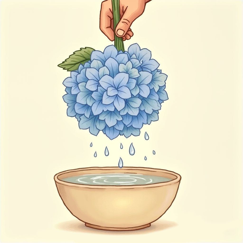 Hydrangea head being dunked in a bowl of warm water